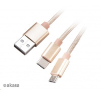 AKASA kabel 2v1 USB Type-A na Micro-B a USB Type-C, 120cm, zlatý