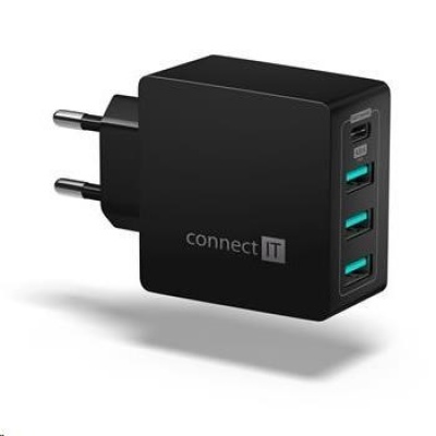 CONNECT IT Fast Charge nabíjecí adaptér 3xUSB-A + 1xUSB-C, 4,8A, černá