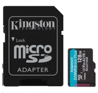 Kingston MicroSDXC karta 128GB Canvas Go! Plus, R:170/W:90MB/s, Class 10, UHS-I, U3, V30, A2 + Adaptér